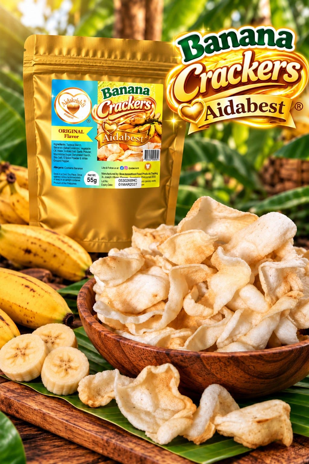 Aidabest banana crackers with gold pouch, ripe bananas, and banana leaf