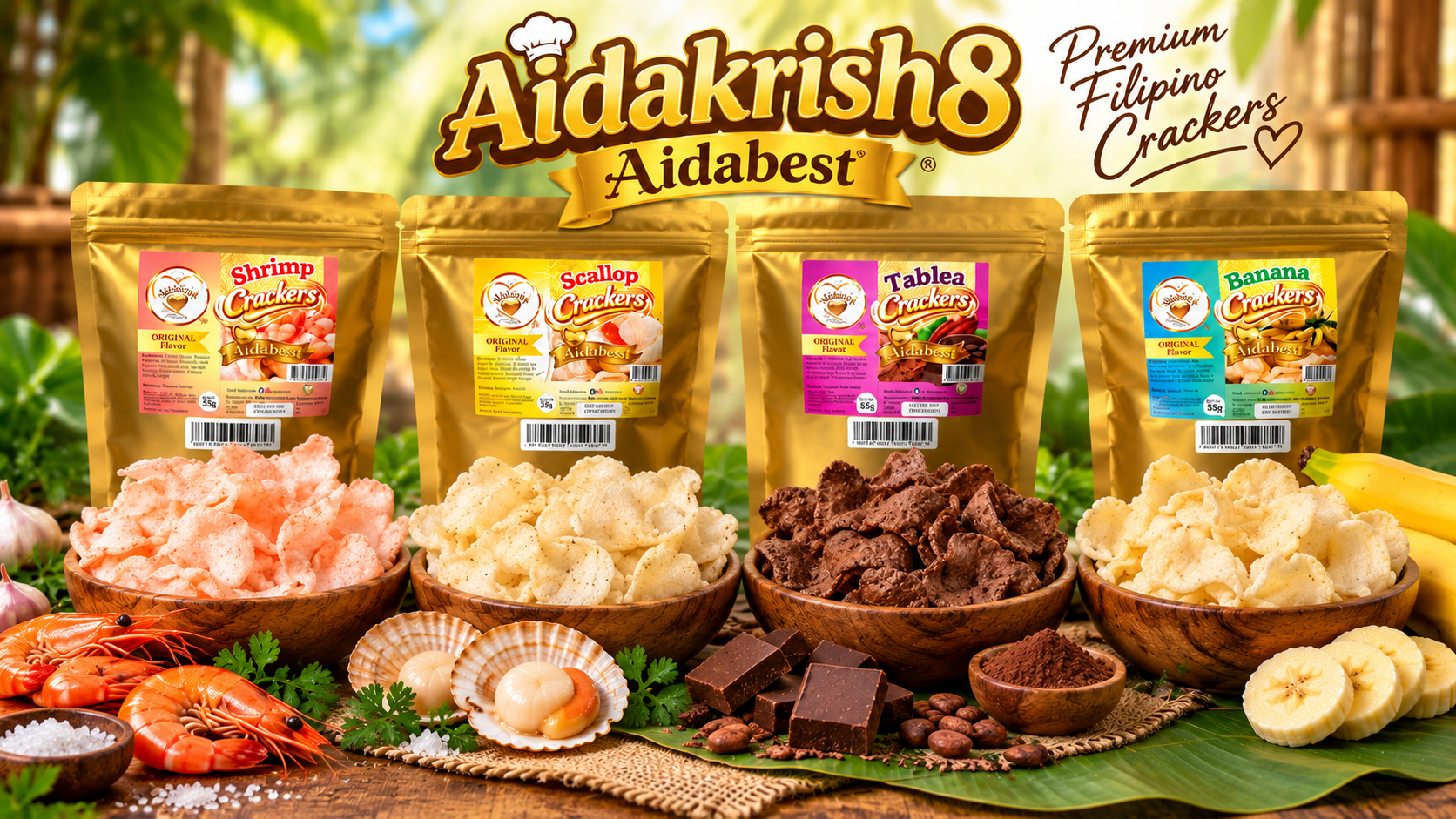 Four Aidakrish8 Aidabest gold pouches with shrimp, scallop, tablea, and banana crackers