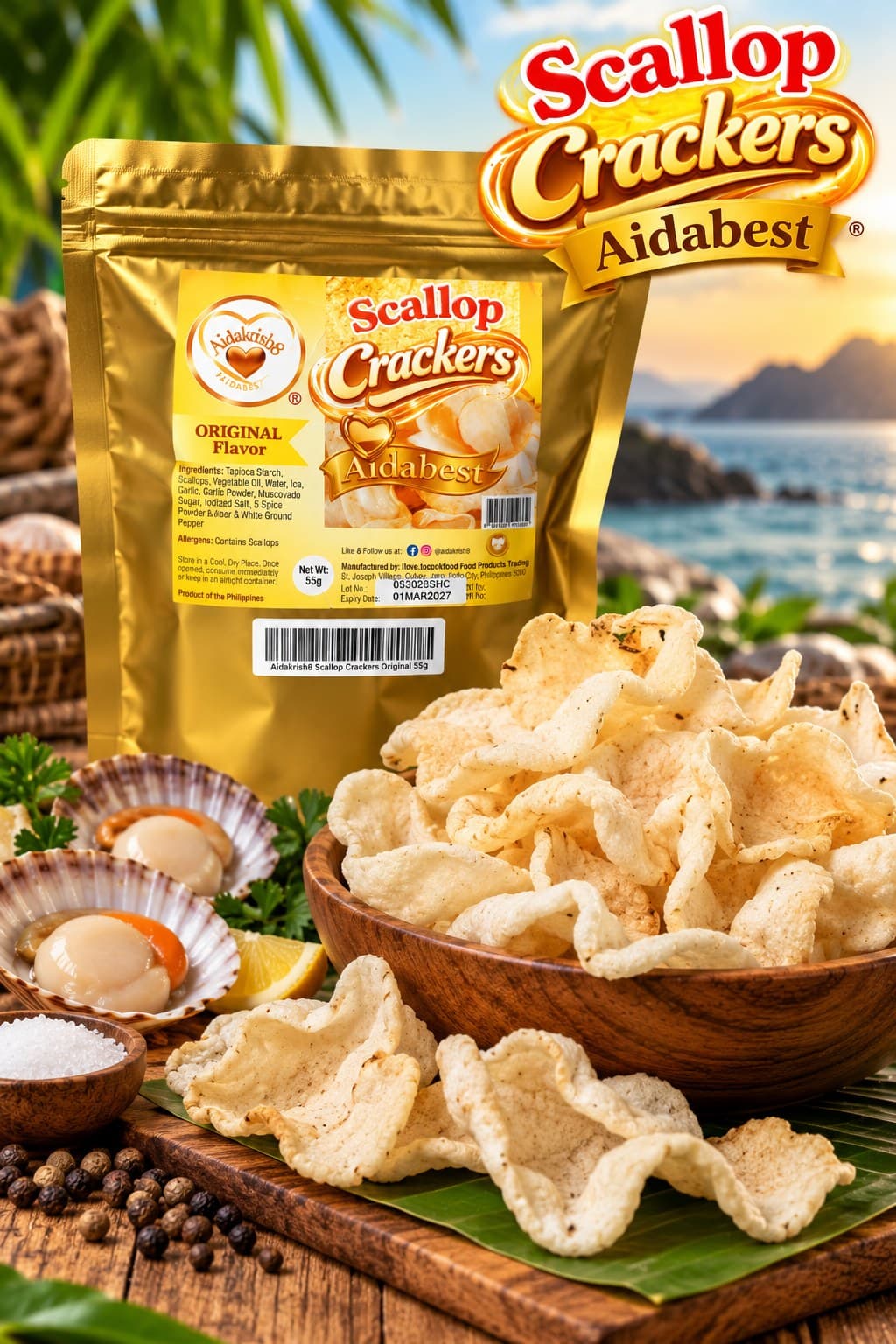 Aidabest scallop crackers with gold pouch, scallop shells, and banana leaf